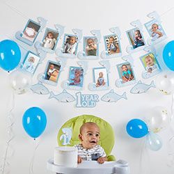 1st Birthday Photo Banner & Cake Topper - Shark Party