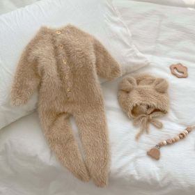 Bear Design; Soft Cotton, Buttoned "Fur" Jumpsuit (Color: Khaki, Size/Age: 73 (6-9M))