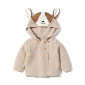 Knitted Animal Pattern Hoodie Double-Breasted Sweater (Color: Khaki, Size/Age: 73 (6-9M))