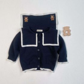 Baby Bear Applique Lapel Button-up Cardigan (Color: Navy Blue (Dark Blue), Size/Age: 66 (3-6M))