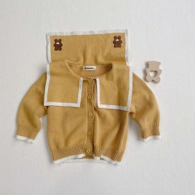 Baby Bear Applique Lapel Button-up Cardigan (Color: Yellow, Size/Age: 73 (6-9M))