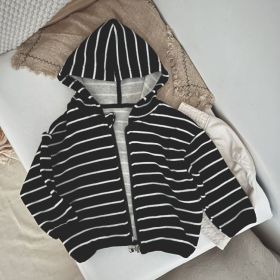 Black & White Striped Zip-up Hoodie (Color: Black, Size/Age: 130 (7-8Y))