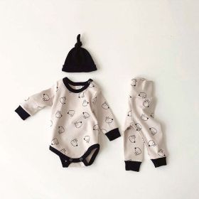 Baby Animal Print Long-Sleeved Onesie & Pant Set with Hat (Color: Grey, Size/Age: 73 (6-9M))