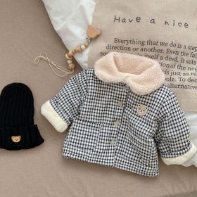 Baby Checkered Button Up, Fleece Collar, Cotton Coat (Color: Black, Size/Age: 73 (6-9M))