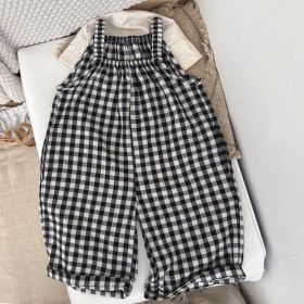 Baby Gingham Overalls Romper; Straps (Color: Black, Size/Age: 80 (9-12M))