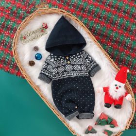 Baby Winter Pattern, Knitted, Hooded Jumpsuit (Color: Navy Blue (Dark Blue), Size/Age: 59 (0-3M))