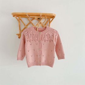 Hollow-Carved Design Knit Cardigan (Color: Pink, Size/Age: 100 (2-3Y))