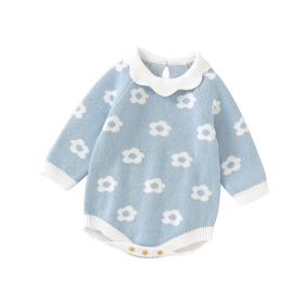 Baby Girl Flower Pattern Knit Onesie (Color: Blue, Size/Age: 90 (12-24M))