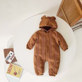 Solid Color Cable Knit Pattern, Thermal, Hooded Romper (Color: Brown, Size/Age: 90 (12-24M))