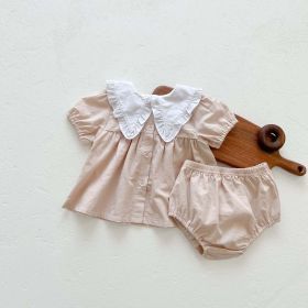 Baby Girls Lapel Collar Top & Shorts Set (Color: Apricot, Size/Age: 73 (6-9M))