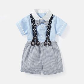 Baby Boy Onesie With Bow Tie, Shorts & Suspenders (Color: Blue, Size/Age: 90 (12-24M))
