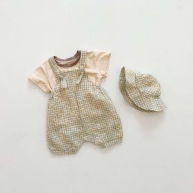 Baby Short-Sleeved Shirt, Gingham Pants with Hat, 3 Piece Set (Color: Khaki, Size/Age: 73 (6-9M))