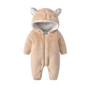 Solid Coral Fleece, Thick, Hooded Romper (Color: Brown, Size/Age: 66 (3-6M))