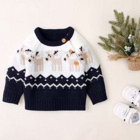 Knitted Pullover, Reindeer Sweater, Shoulder Buttons (Color: Navy Blue, Size/Age: 80 (9-12M))