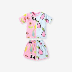 Fruit-Pattern Colorblock-Design Shorts Set (Color: Pink, Size/Age: 90 (12-24M))