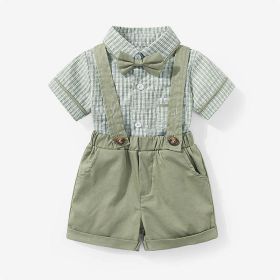 Little Man Plaid Shirt /Button Straps Romper Set (Color: Green, Size/Age: 80 (9-12M))