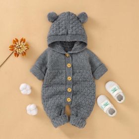 Patterned Knit, Button-Front Hooded Rompers (Color: Grey, Size/Age: 66 (3-6M))