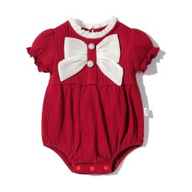 Baby Girl Elegant Puff-Sleeves Fashion Onesie With Bow (Color: Red, Size/Age: 59 (0-3M))