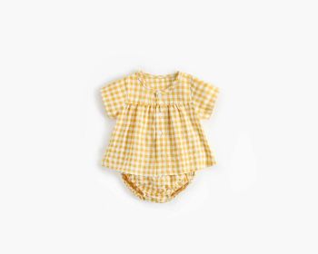 Gingham Button-up Shirt/Shorts Set (Color: Yellow, Size/Age: 66 (3-6M))