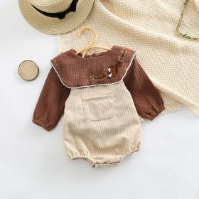 Baby Combo Embroidered Lapel Cotton Shirt and Corduroy Strap Onesie (Color: Beige, Size/Age: 66 (3-6M))