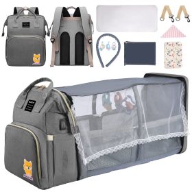 Multifunctional Diaper Backpack, Expandable; Insulated Pockets, USB Port (Color: Grey)