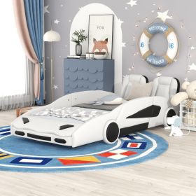 Twin Size Race Car-Shaped Platform Bed with Wheels (Color: White)