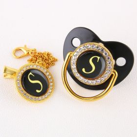 Black Bling Baby Pacifier And Clip with Baby's Initial (Letter: S)