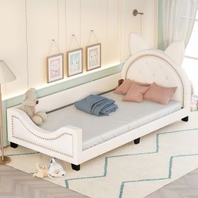 Upholstered Twin Daybed with Ears-Shaped Headboard (Color: White)