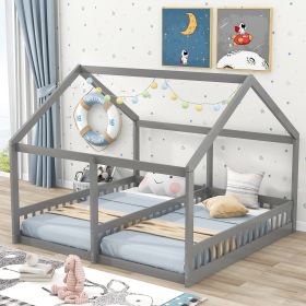 Twin Size House Platform Beds; Two Shared Beds (Color: gray)