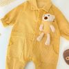 3D Bear Patched Design Corduroy Button Front Romper